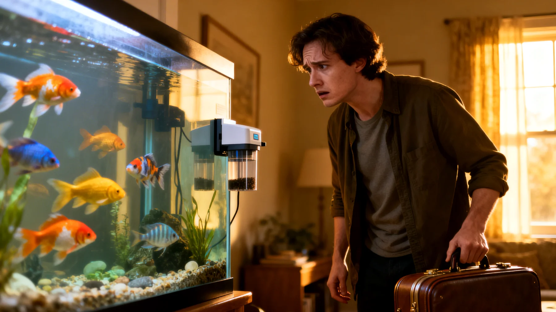 Fische können während einer Reise nicht mitgenommen werden und benötigen eine zuverlässige Versorgung im Aquarium, einschließlich regelmäßiger Fütterung, Kontrolle der Wasserqualität und Temperatur"